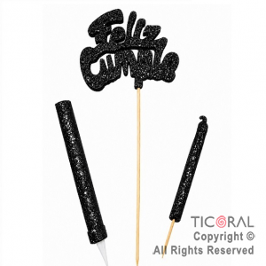 ADORNO DE TORTA SET FELIZ CUMPLE CON BENGALA Y VELA 9 CM GIBRE NEGRO x 1
